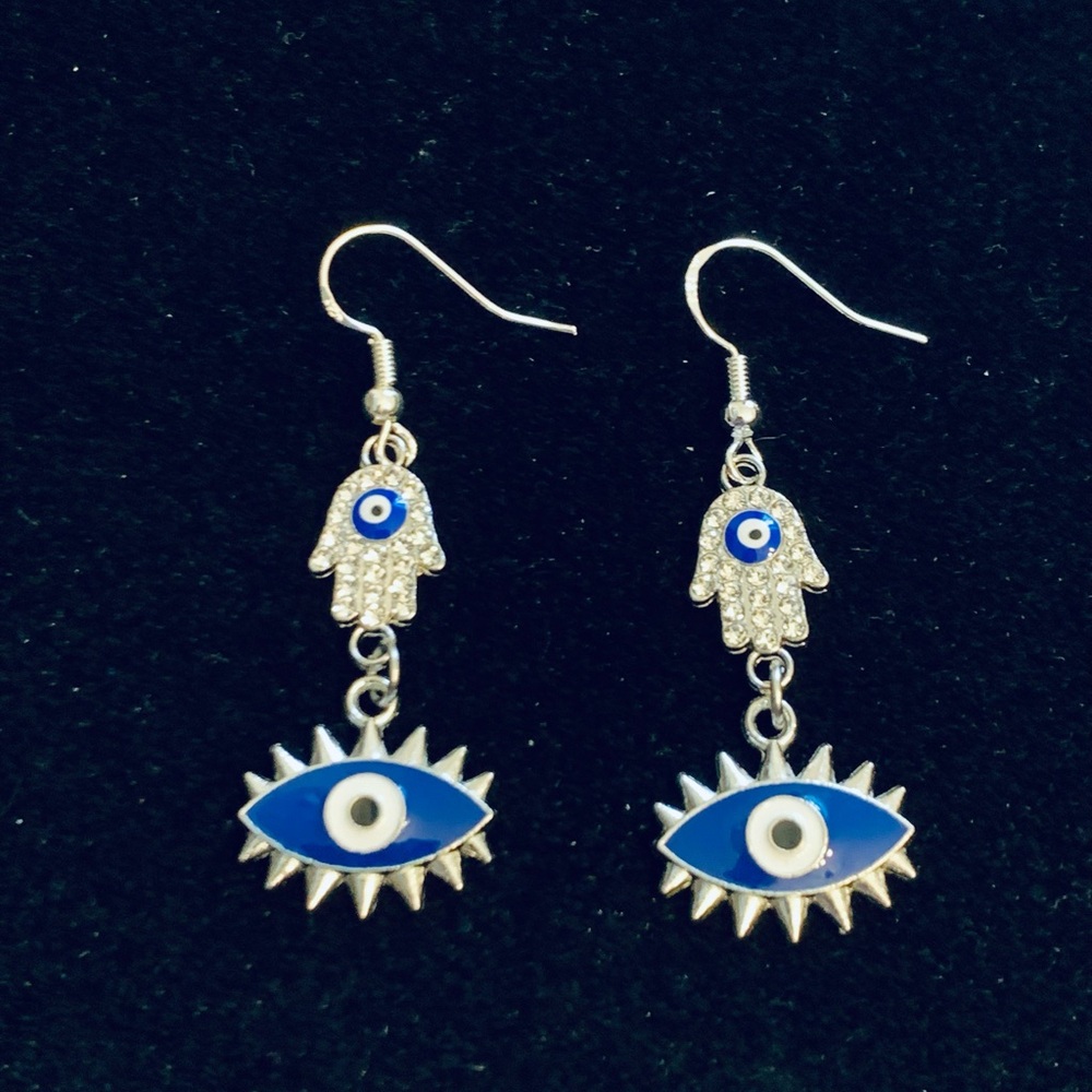 Blue Evil Eye/Rhinestone Hamsa Hand silver dangle earrings
